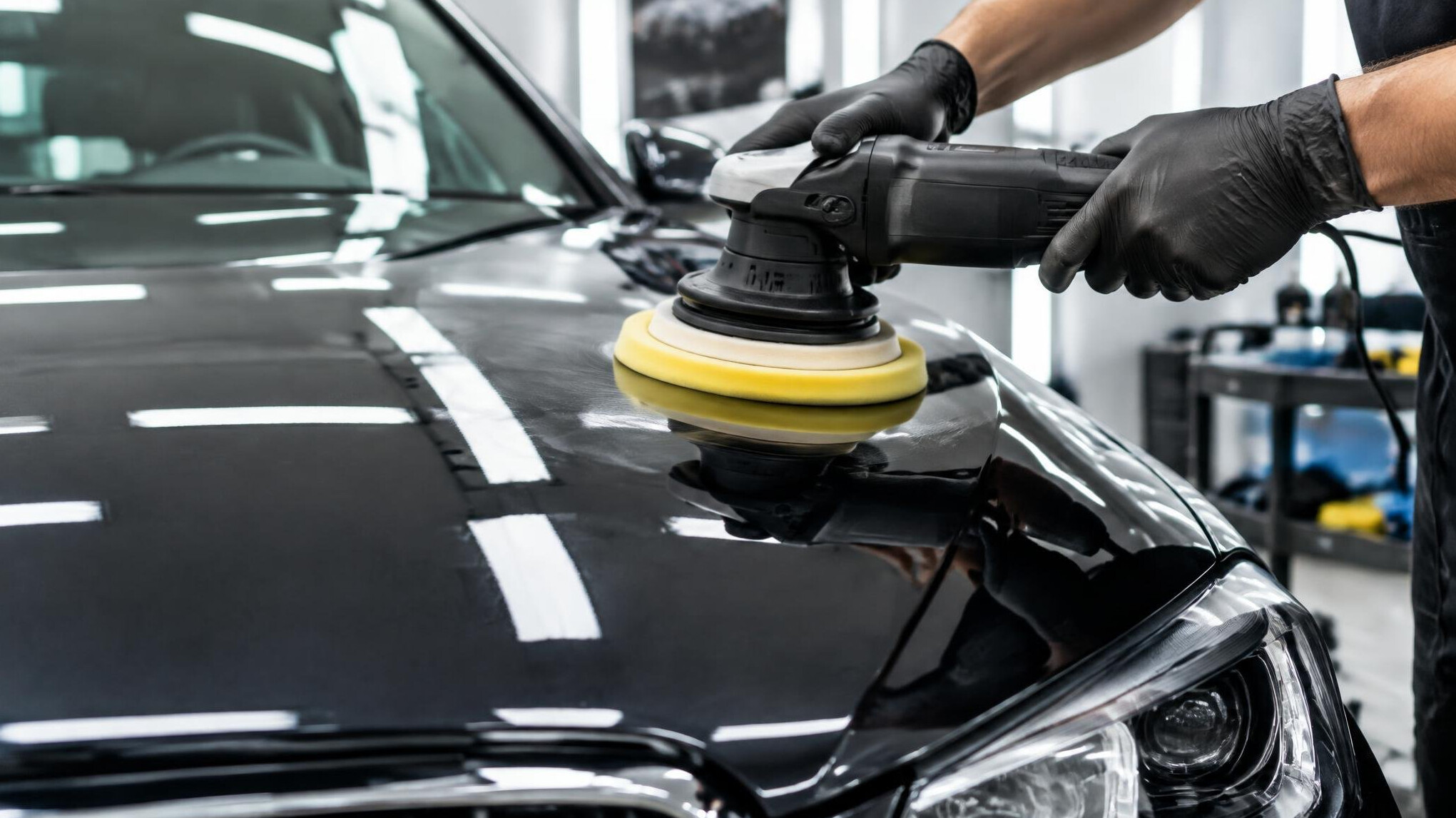 Detailer polishing the hood of a dark car with a machine polisher